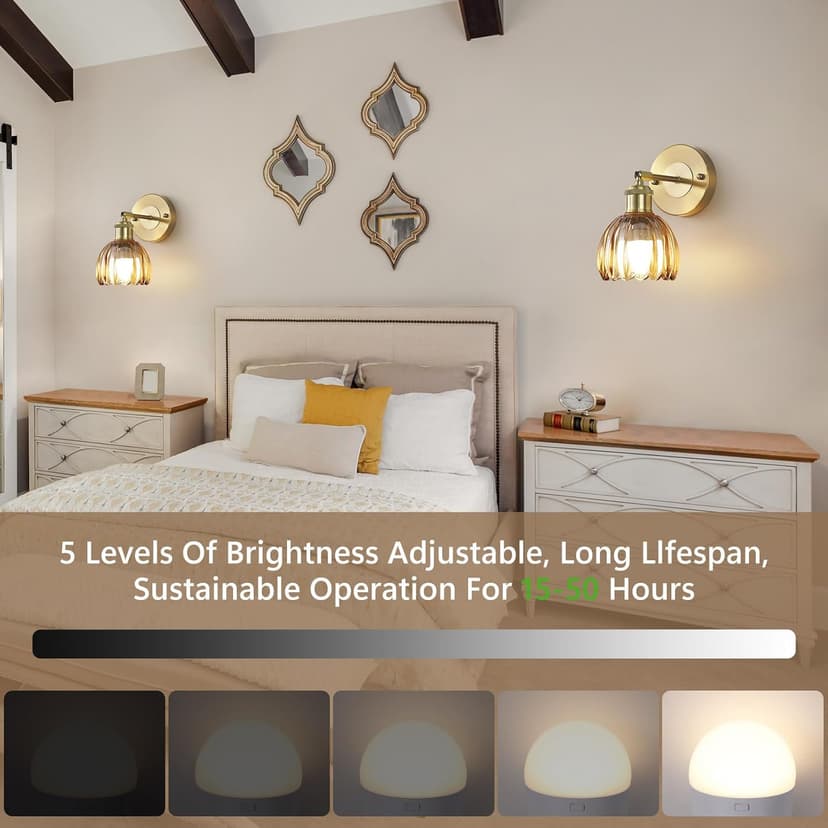 Vintage Battery Operated Wireless Wall Sconces, Rechargeable Gold Wall Lights，Amber Tulip Glass Lampshade With Remote Dimmable Wall Lighting Indoor, Led Wall Lamp Fixtures For Bedroom, Living Room