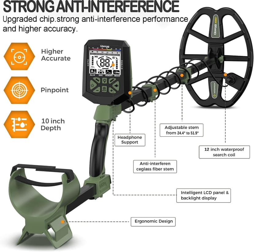 Metal Detector for Adults,12" IP68 Waterproof Search Coil with High Accuracy System,Advanced DSP Chip Technology,5 Modes with LCD Backlit Display for Beach Hunting&Jewelry Finding