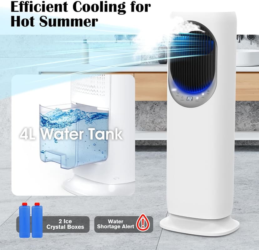 4 IN1 Evaporative Air Cooler, Swamp Cooler with 4L Water Tank, Tower Fan with Humidification, Fan and Heater Combo, 120°Oscillating, Remote, 12H Timer, 2 Ice Packs (Panel-Crescent)