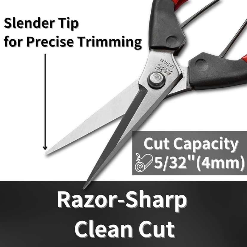 Japanese Trimming Scissors 7.2" Precision Pruning Shears with Pointed Tips, Razor-Sharp Japanese Stainless Steel Blade, Non-Slip Spring-Loaded Handle, Made in Japan