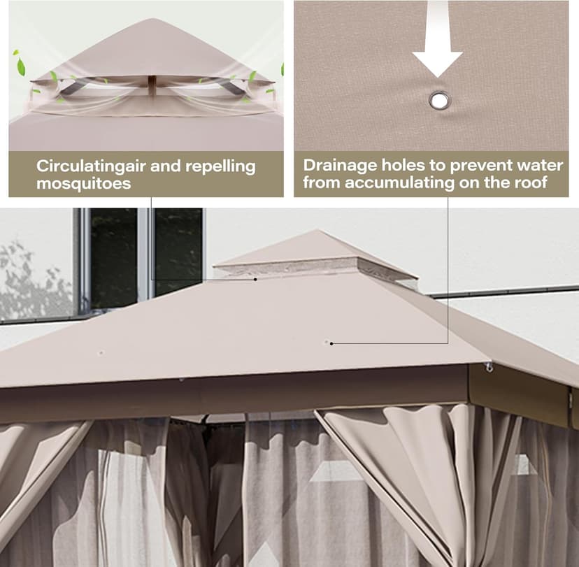 LAUSAINT HOME Outdoor Patio Gazebo with Expansion Bolts, Double Roof Soft top Gazebos Shelter Party Tent with Mosquito Nettings and Privacy Screens for Backyard, Deck, Garden, Lawn (10x10, Khaki)