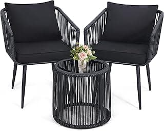 Kromax 3 Pieces Patio Rattan Bistro Conversation Set, Outdoor All-Weather Wicker Furniture Chairs and Side Table Set Ideal for Balcony, Porch and Backyard, Black