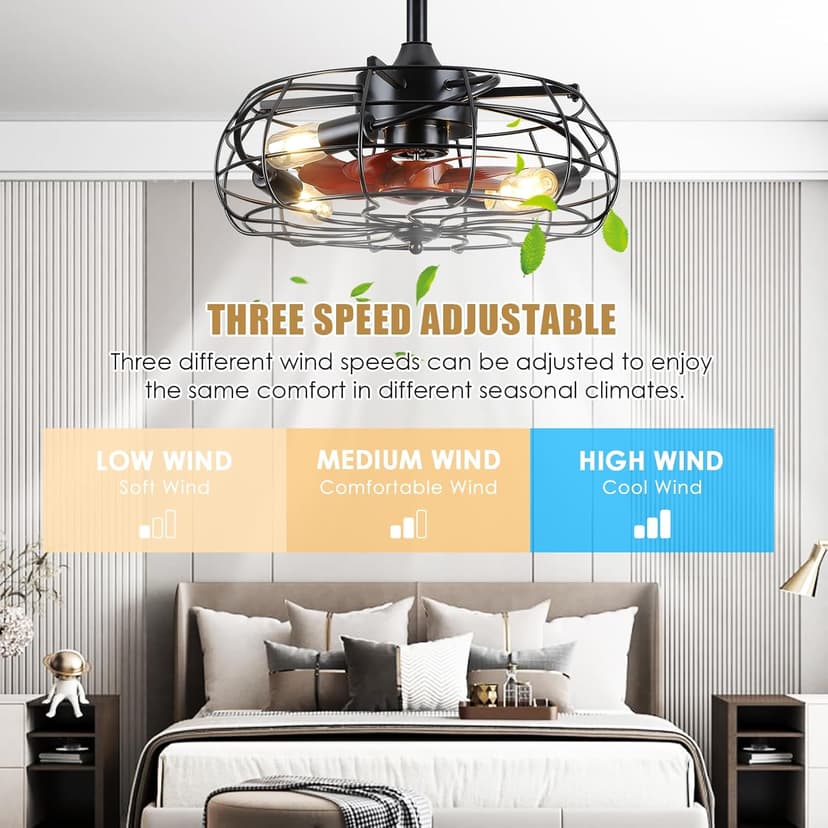 Asyko Caged Ceiling Fans with Lights - Black Outdoor Ceiling Fan with Remote and Reversible Fan Blades, Bladeless Low Profile Fan Light Fixtures for Indoor, Patios, Farmhouse(E26 Bulbs Not Included)
