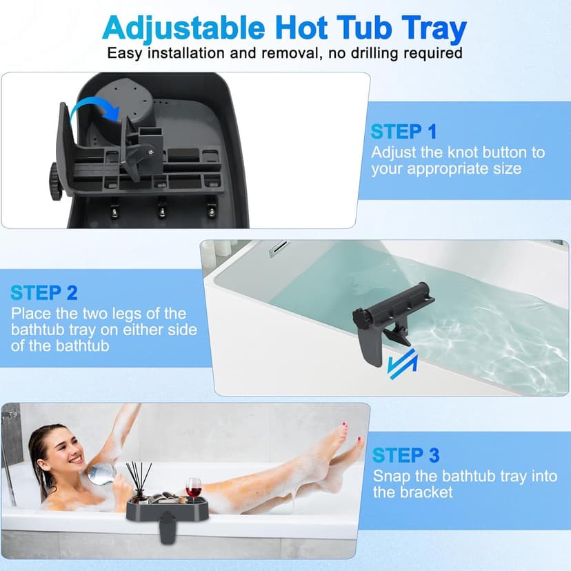 Hot Tub Tray, Adjustable Spa Table Tray with 2 Cup Holders, Spa with Wall Thickness of 2'' to 7.5'', Nonslip Heavy-Duty Shelf for Aboveground Bathtub, Spa Accessory