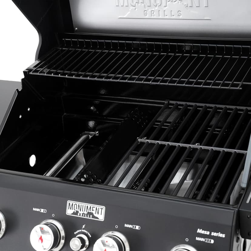 Monument Grills 4-Burner Liquid Propane Gas Grill, Matte Black Stainless Steel Burner Grill with Clearview® Lid and One Foldable Shelf for Outdoor Cooking Kitchen Patio Backyard Barbecue, Mesa420MF