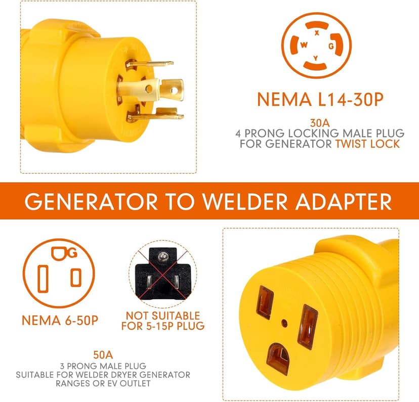 Kanayu Generator to Welder Adapter Compatible with Nema L14-30p to 6-50r 30 Amp 4 Prong Lock Male Plug to 3 Prong Female Receptacle Adapter Dryer Ev Charger Power Cord Connector 250v(Yellow)