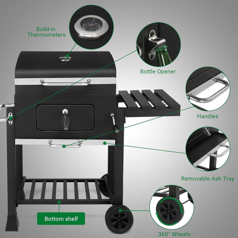 Outvita Large Barrel Charcoal BBQ Grills with 794 SQ.IN. Cooking Area, Outdoor Barbecue Grill with Adjustable Charcoal Tray & Foldable Side Table for Backyard Patio Picnic