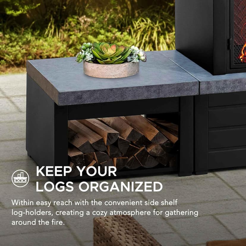 Sunjoy Outdoor Fireplace with Wood Storage and Chimney, Steel Metal Fire Pit with Mesh Spark Screen Door & Fire Poker, Fireplace Tool and PVC Cover, for Patio Garden Deck Backyard, Black