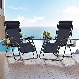 Zero Gravity Chair Set of 2, Folding Reclining zero gravity recliner lounge Chair 330lbs with Pillow and Cup Holder Trays, Steel Mesh outdoor recliners for patio Poolside Backyard Beach (Blue)