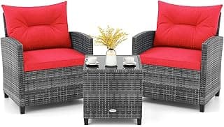 KOTEK 3 Piece Patio Furniture Set, Outdoor PE Rattan Conversation Set with Washable Cushions & Tempered Glass Tabletop, Wicker Chairs and Table Set for Porch, Garden, Balcony (Red)