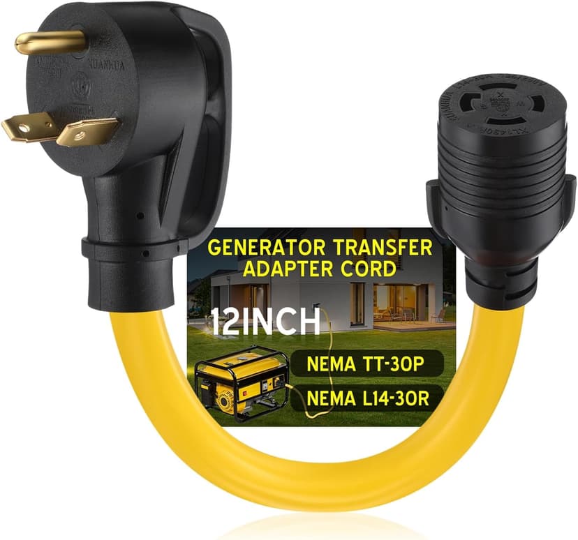 NEMA TT-30P to L14-30R Generator Adapter Cord, Generator Transfer Switch, Generator House Inlet Box Adapter, 30Amp 3Prong Male 4Prong Locking Female Generator Cord, 10 AWG, 1FT, ETL Listed