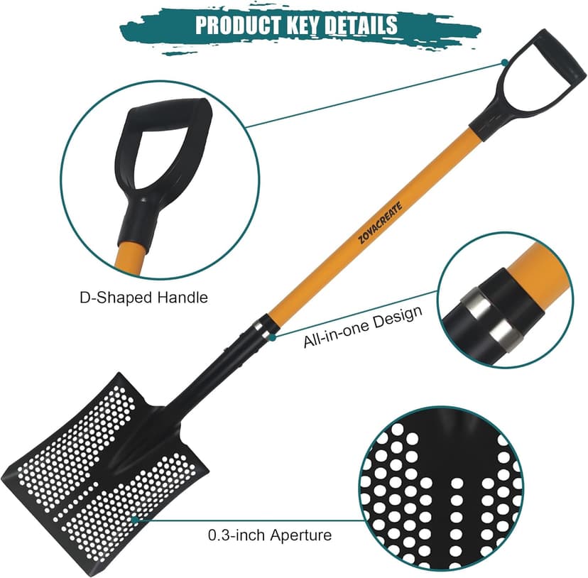 Sifting Shovel, Heavy Duty Sand Sifter Square Cleaning Scoop for Beach Chicken Coop Poop Shovel -45Inch