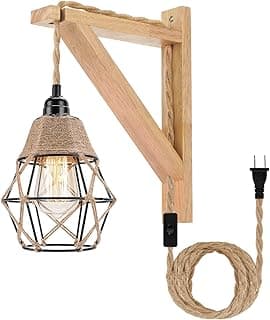Frideko Wall Lamp with Plug in Cord - Plug in Wall Sconces, Farmhouse Hanging Lamps That Plug into Wall Outlet, Rustic Wall Mount Lamp with Wood Shelf Bracket & Switch Cord for Living Room, Bedroom