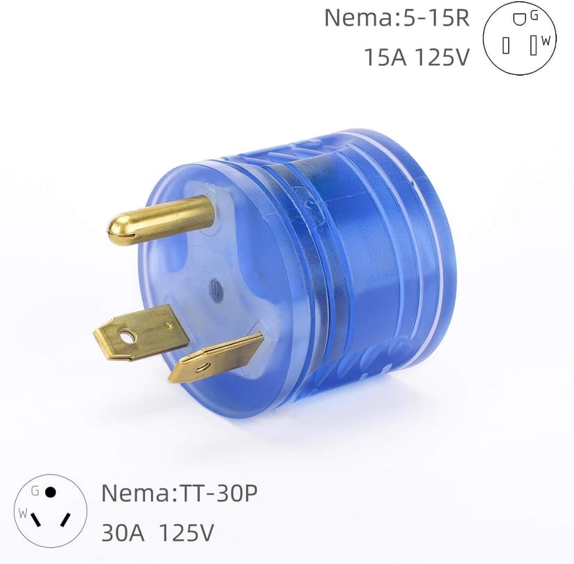 RV Power Adapter 30 amp to 110 Adapter, NEMA TT-30P to 5-15R , 30A Male to 15A Female (30M/15F-Round, Clean Blue)