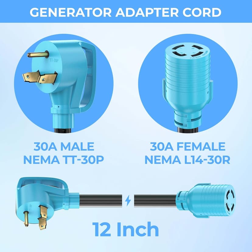 CircleCord NEMA TT-30P to L14-30R Adapter Cord, 30 Amp 3 Prong to 4 Prong Generator Plug Adapter, Generator Transfer Switch Adapter, Generator to House Inlet Box, STW 10 AWG Blue, ETL Listed