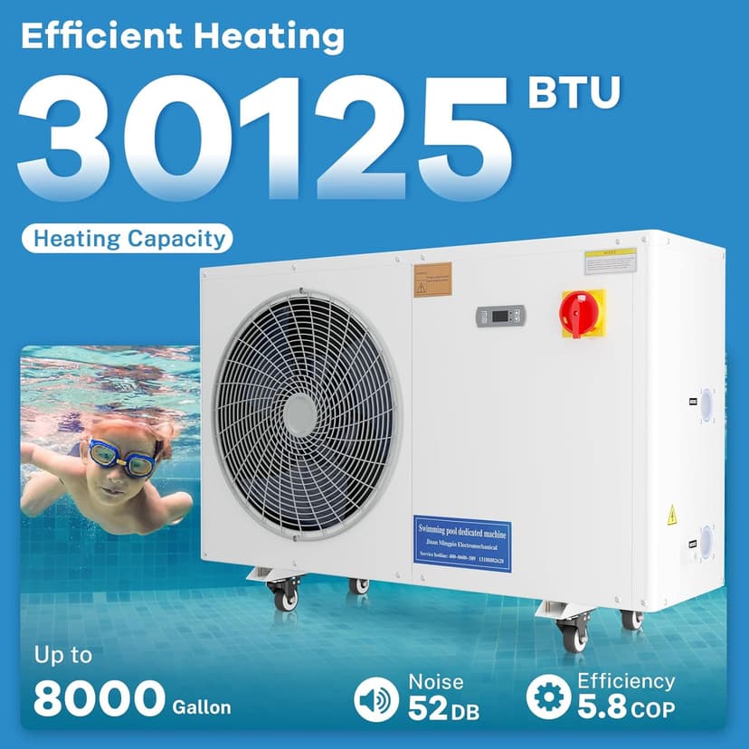 Aboron 30125BTU/hr Pool Heater for Above and In Ground Pools & Spas, Heat Pump for Pools up to 8000 Gal, 5.8 COP, Quiet Operation, Automatic Defrost Function, 210V-230V/60Hz