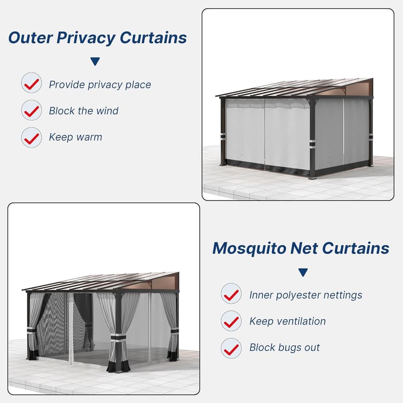 Gotland 10FTx12FT Outdoor Wall-Mounted Hardtop Pergola, Metal Frame Gazebo with Sloping Sun Panel Roof and Double Curtains for Patio, Garden, Lawn, Grey