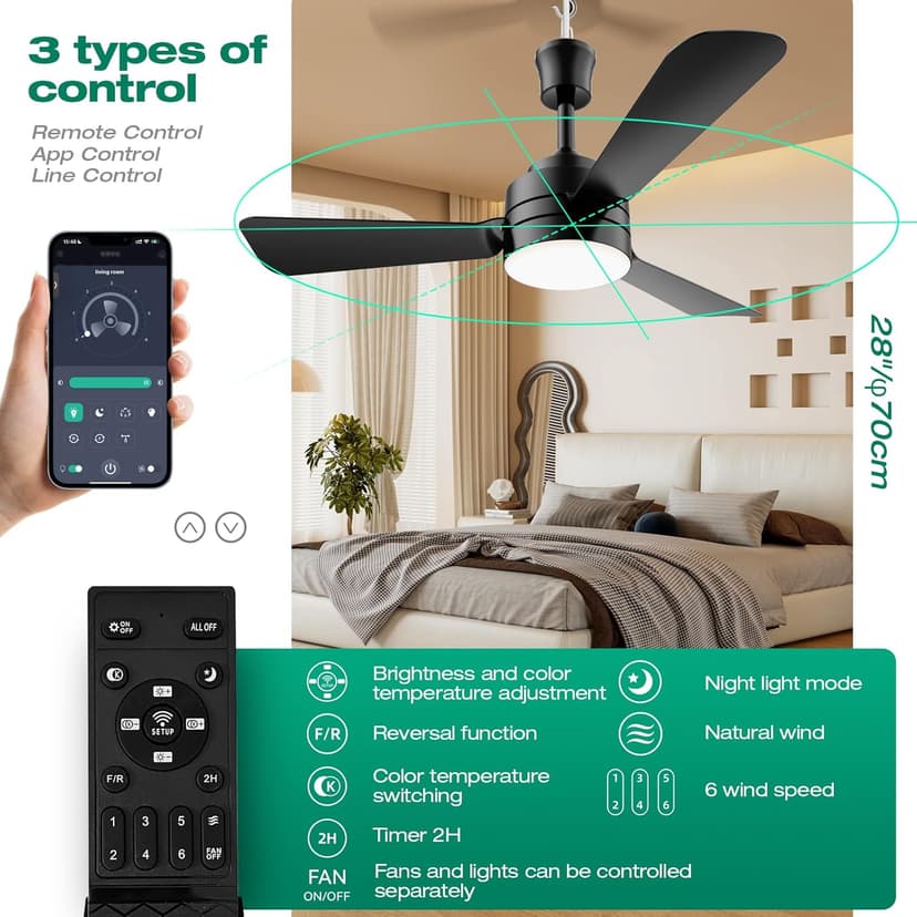 Ceiling Fans with Lights,28" LED Fan Light Hanging with Hook,Hook Type Ceiling Fan,Plug in Ceiling Fan Light,35W,3000-6500k,Remote Control,Portable Fan for Camping Bed,Patios,(Black)