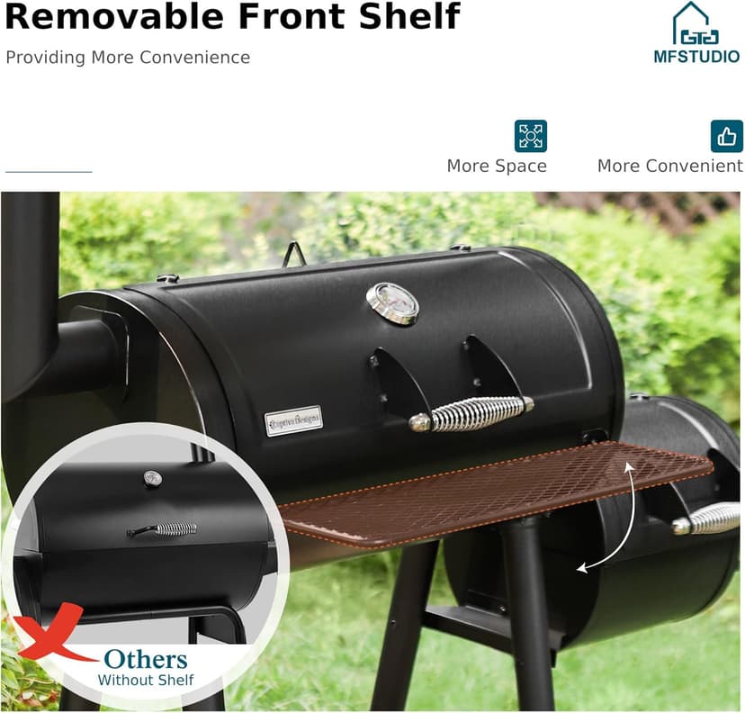 MFSTUDIO Heavy Duty Charcoal Wood Offset Outdoor Smoker Grill, Charcoal Grill with Smoker Combo for BBQ Grilling, 512 SQ.IN.