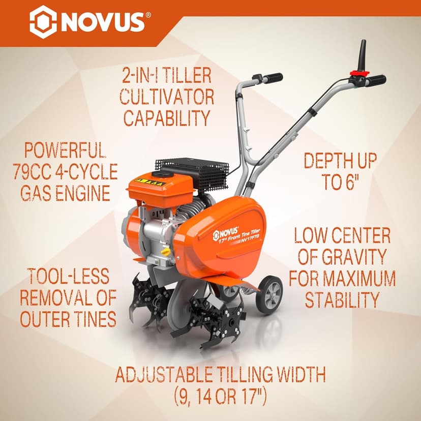 NOVUS 17-Inch Gas Tiller for Gardening, 79cc 4-Cycle Gas Engine, 2-in-1 Front Tine Tiller Cultivator, Toolless Tilling Width Adjustment, Forged Steel Tines, Integrated Transport Wheels