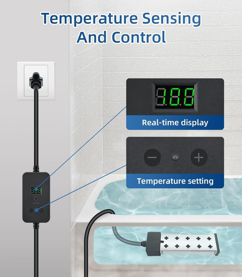 Immersion Water Heater, Portable Bathtub Heater with Thermostat, Bucket Heater with Real-Time Temperature Display and Control, Dry Burn Protection for Bucket, Basin, Bathtub 1800W (120V 15A)
