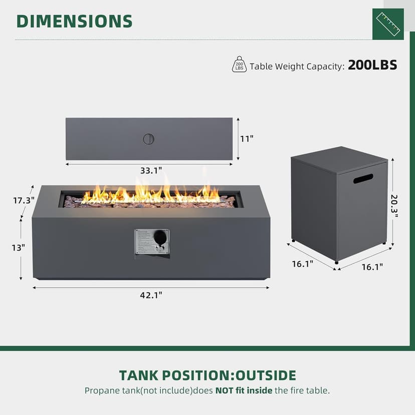 UPHA 42-inch Outdoor Propane Gas Fire Pit Table 50000 BTU Iron Rectangle FirePit for Outside Patio with Tank Hidden Table, Removable Lid, Lava Rocks, Rain Cover, Grey