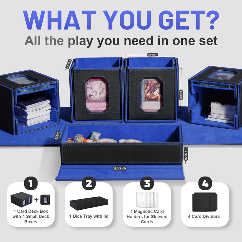 Trading Card Storage Box with Commander Display for MTG, TCG, Sports Cards, 5-in-1 Card Deck Box, Holds 450+ Double-Sleeved Cards, 4 Individual Deck Cases with Covers, Dice Tray & Magnetic Holders