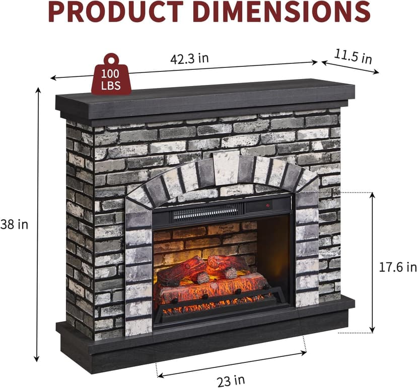 42" Electric Fireplace with Mantel, Farmhouse Fireplace TV Stand w/23'' Freestanding Electric Fireplace Heater, Remote Control, Adjustable 3D Realistic Flame Level for Living Room, Light Grey