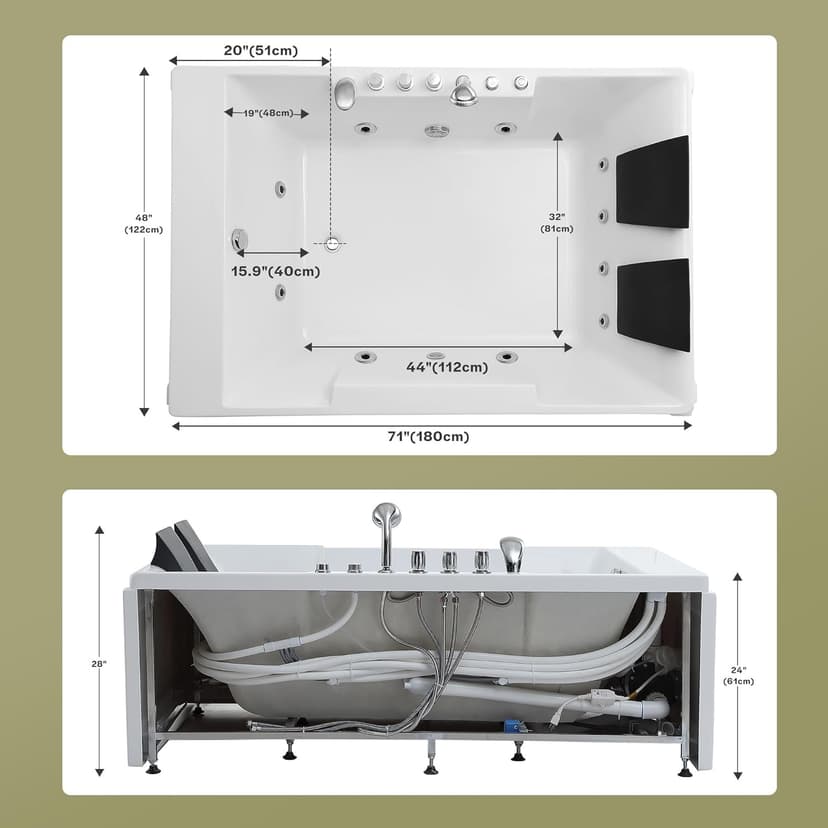 72-Inch Whirlpool Jetted Tub,Acrylic Hydro Massage Bathtub with 10 Jets, Color-Changing LED Lights,2-Person Jetted Bath Tub for Couples