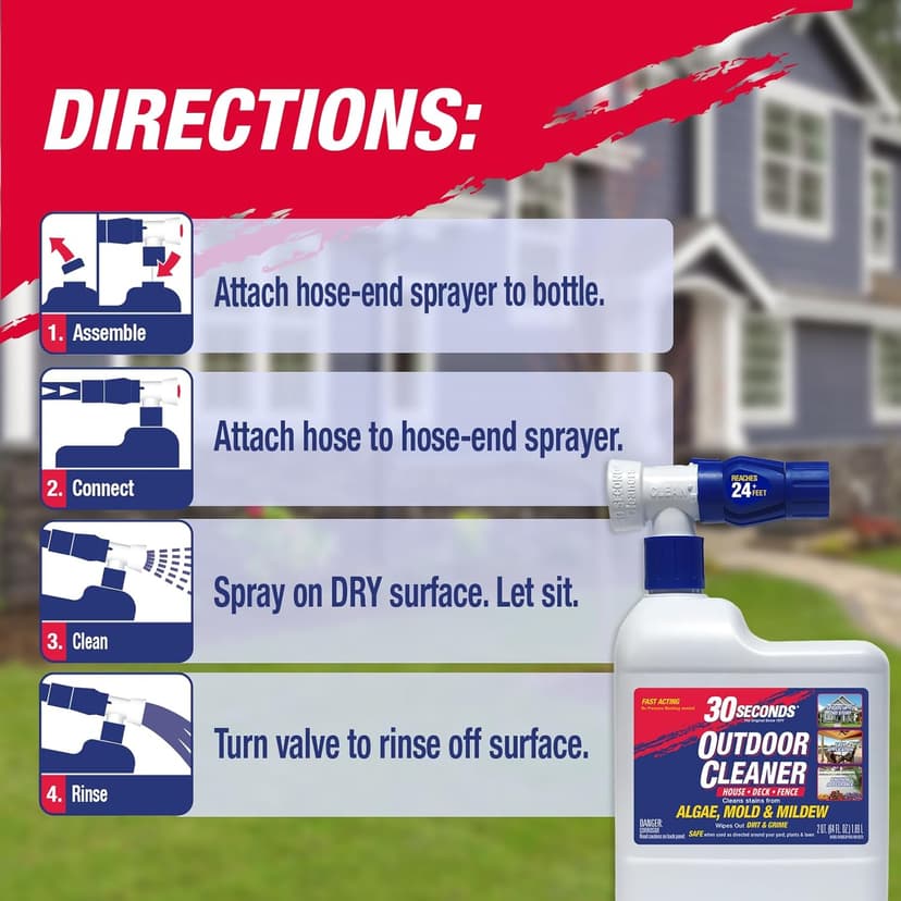 30 Seconds Outdoor Cleaner | Cleans Moss & Algae Stains from House, Vinyl Siding, Deck, Patio, Fence - 3 Capped Bottles, 1 Hose End Spray Attachment (64 Fl Oz (Pack of 3)