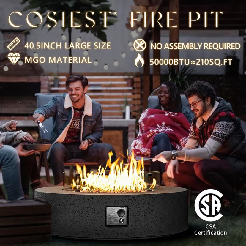 COSIEST 40.5-inch Outdoor Propane Fire Pit Coffee Table w Concrete Round Base Patio Heater, CSA Certified, 50,000 BTU Stainless Steel Burner, Free Lava Rocks, Rain Cover, Wind Guard, Tank Cover, Gray