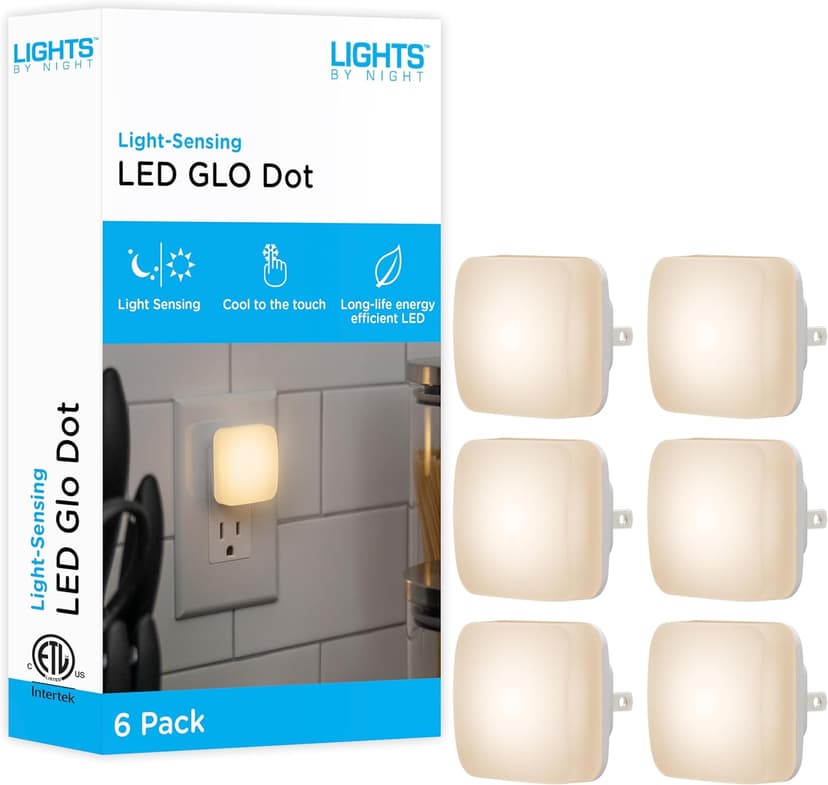Lights By Night Mini Square LED Night Light, Plug-in, Dusk to Dawn Sensor, Compact, Ambient Lighting, for Kids or Adults, Bedroom, Bathroom, Nursery, Hallway, 6 Pack, 82489