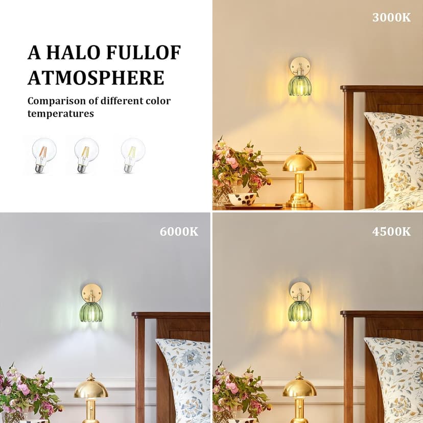 Vintage Wall Sconces with Green Tulip Glass Lampshade 180 Degree Adjustable Brass Sconces Hradwired Modern Wall Lighting Fixture with Switch for Bedside Bedroom Doorway