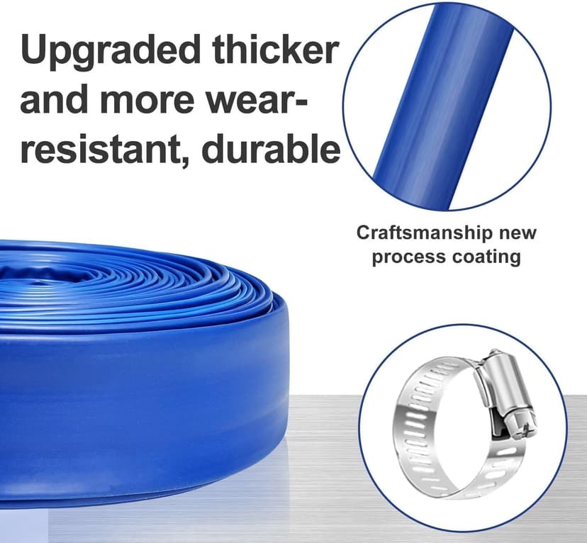 PVC Drain HOSE 2"*100ft, Pool Backwash Hose, Heavy Duty Reinforced Blue PVC Lay Flat Water, For Swimming Drain Pools and Clean Filters, with 2 Clamp