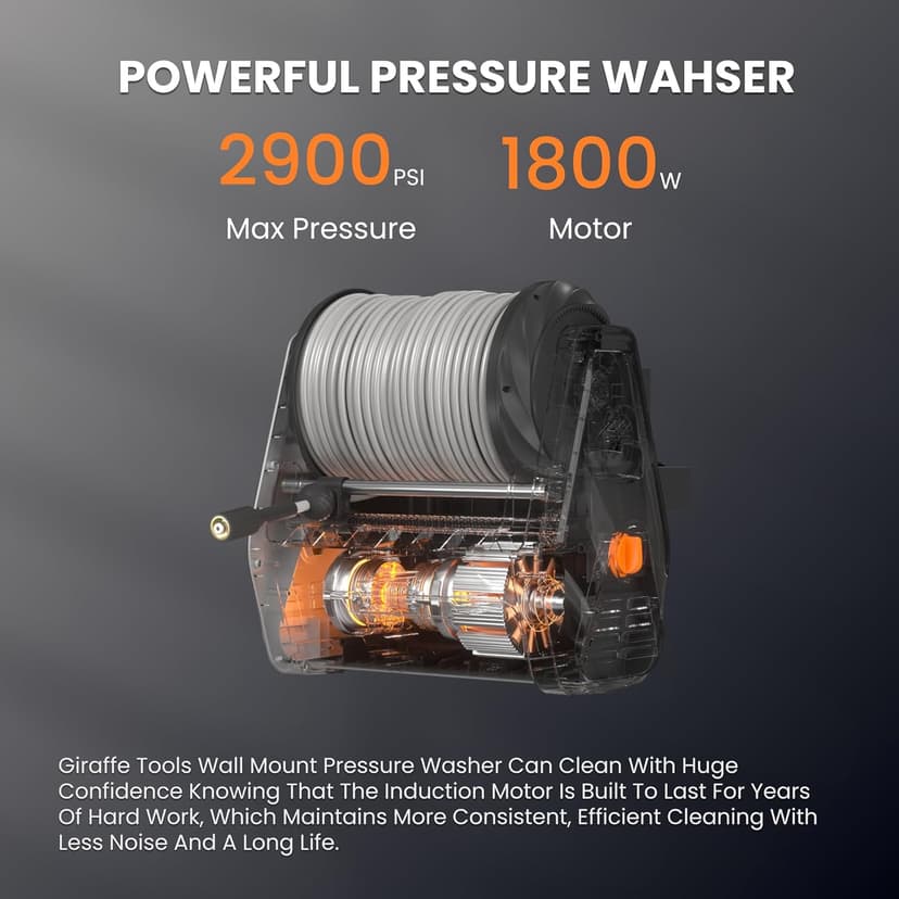 Giraffe Tools Wall Mounted Pressure Washer Plus with Upgraded 1800W Motor, Max 2900 PSI, 2.2 GPM Electric Power Washer with 100ft Retractable Pressure Hose for Car, Automatic Rewind, Any Length Lock