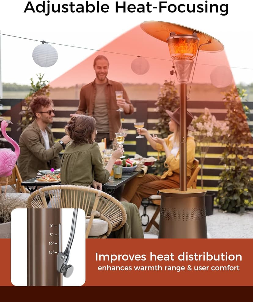 50,000 BTU Patio Heater for Outdoor Use With Adjustable Heat Focusing Top, Propane Patio Heater with Wheels, Stainless Steel Burner for Porch Garden Commercial Residential, Dark Brown