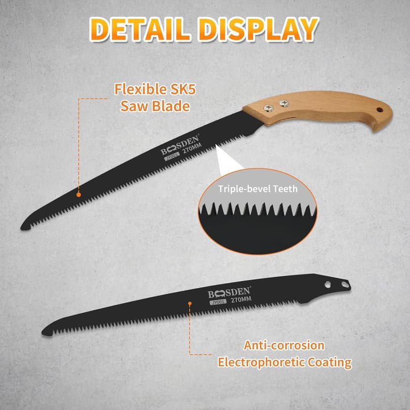 BOOSDEN 11'' Hand Pruning Saw, Japanese Trim Saw with Wood Handle, Hand Saws for Tree Trimming, Camping, Woodworking, Gardening