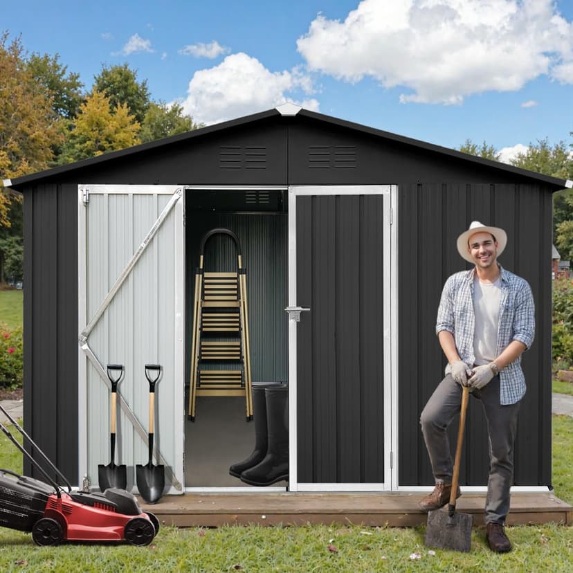 10' x 12' XL Outdoor Storage Shed, Sturdy Metal Building w/Lockable Doors for Garden, Backyard, Poolside and Lawn, Black