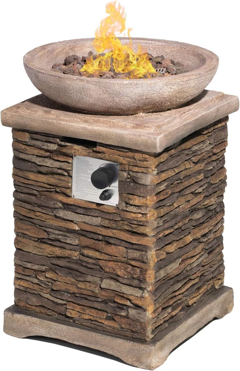 SUNBURY Outdoor Propane Fire Pit, Gas Fire Pit for Outside Patio, Stone Outdoor Fire Table Fire Column 40,000 BTU Propane Fire Tables Firepit Table w Lava Rocks, CSA Certified, Waterproof Cover