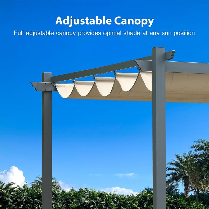 Aoodor 10 x 10 ft Outdoor Pergola with Retractable Shade Canopy, Matte Aluminum Frame, 4 Roller Shade Curtains, Grape Trellis for Patio, Backyard, Garden, and Deck, Dark Brown
