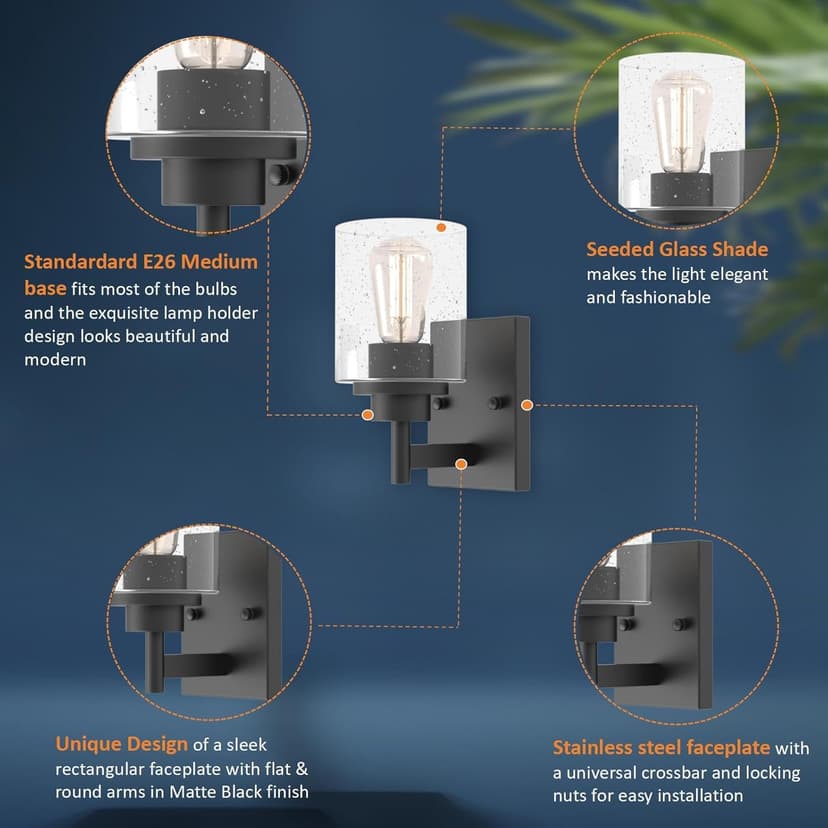 Set of 2 Wall Sconces Bathroom Light Fixture, 2 Pack Black Wall Light Seeded Glass Vanity Lighting Fixture, 4.375 Inch 1 Light Black Modern Wall Decor for Bathroom Living Room Farmhouse Dressing Room
