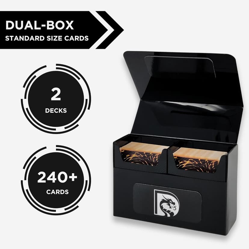 Dual Deck Box with Magnetic Flip Lid | 200+ Standard-Size Trading Card Capacity | Double Deck Box Plastic Storage Organizer | Holds up to 2 Decks for Tournament Play, Black