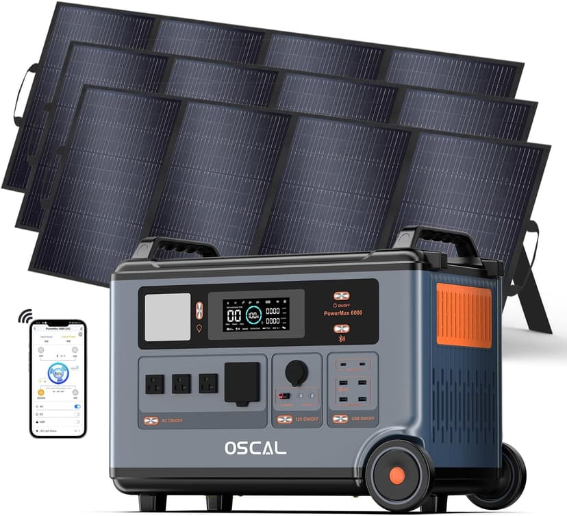 OSCAL PowerMax 6000 Solar Generator with 3×400W Solar Panel, 120V/240V Split Phase Voltage 6000W AC Outlets (7200W Peak), 2200W AC Charging/2400W Solar Charging, Emergency for Home, Battery Backup