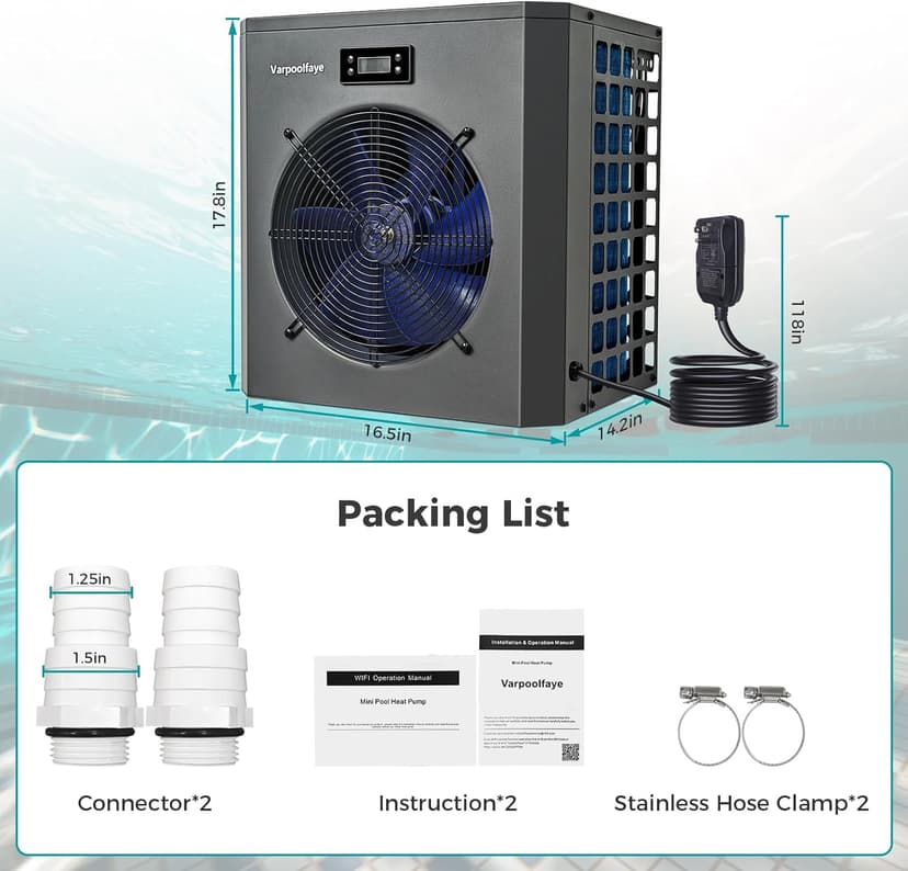 Pool Heaters for Above Ground Pool 16000 BTU Swimming Pool Heater Pump 5000 Gallon Heating or Cooling Mode WiFi Control Timer 120V 60Hz