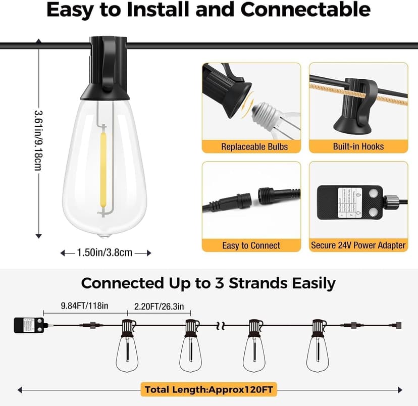 litogo 120FT LED Outdoor String Lights with Dimmer, Waterproof Patio Lights with ST38 Vintage Edison Bulbs, Warm White Outside Hanging Light with Timer for Yard Gazebo Party