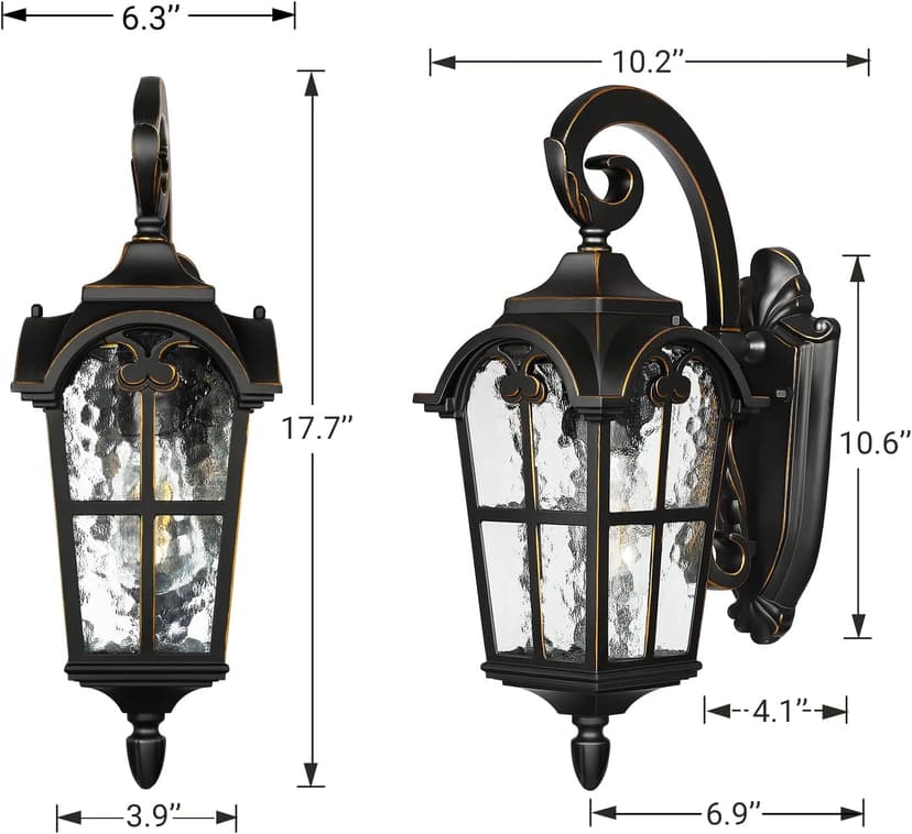 DEWENWILS Outdoor Wall Light Fixtures Wall Mount, Black Roman 17.7" H Exterior Wall Lantern, Anti-Rust & Waterproof, Water Ripple Glass, Outside Wall Sconce Porch Light for House, Garage