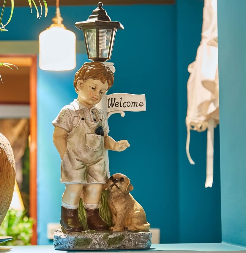 Solar Boy Statue Welcome Sign Garden Statues for Garden Decor, Porch, Lawn, Yard Art Decorations, Resin 23.2H inch