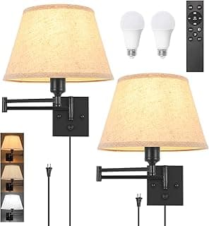 TRLIFE Wall Sconce Plug in, Remote Control Dimming 10-100% and Adjustable Color Temperature 2700K-6500K Swing Arm Wall Lights with Plug in Cord, 11.8" Large Beige Fabric Shade(2 Pack, 2 Bulbs)