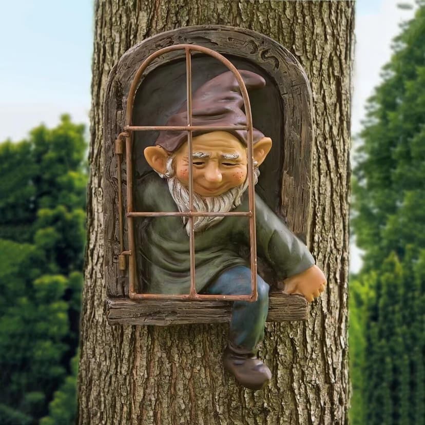 Gnome Statue Tree Face Outside Yard Art Outdoor Statue, 12 Inch Elf Out of The Window Tree Decor and Yard Decorations, Whimsical Gnomes Garden Sculptures & Statues, Fairy Tree Peeker Ornaments