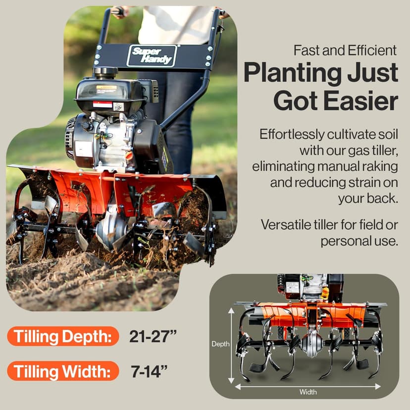 SuperHandy RotoTiller Cultivator 27” Inch Tilling Width 7HP 209cc 4 Stroke Gas Motor 6 Premium Steel Adjustable Forward Rotating Tines for Garden & Lawn, Digging, Weed Removal